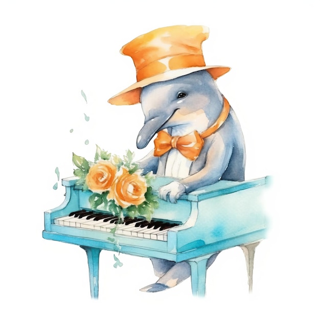 Roupa de desenho animado de golfinho roupas de cor laranja tocando piano