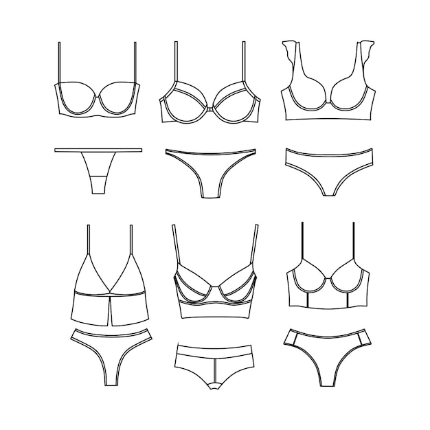 Roupa interior, cuecas, sutiã, bustiers, vetor desenhado.