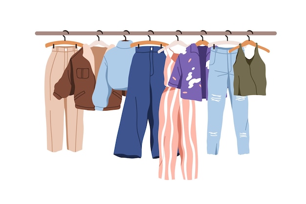 Roupas casuais em corrimão, rack. Armário moderno de mulheres, primavera e verão usando fila. Vestuário feminino de moda, roupas femininas de moda. Ilustração vetorial plana isolada em fundo branco.