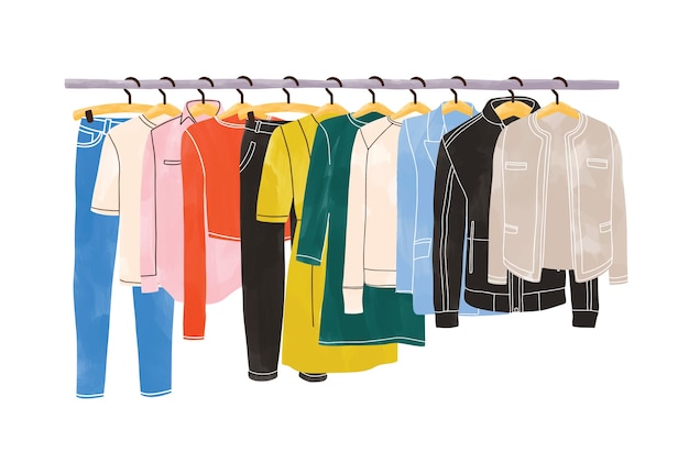 Roupas coloridas ou vestuário pendurado em cabides no cabideiro ou trilho isolado no fundo branco. Organização ou armazenamento de roupas. Espaço interno de armário ou guarda-roupa. Ilustração desenhada à mão