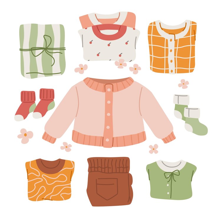 Vetor roupas de bebê variadas em fundo branco