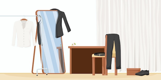 Vetor roupas de interior de quarto camisa calças calças sapatos jaqueta cinto móveis cadeira de mesa grande suspensor de espelho cortina chão de madeira acessórios de armário de casa ilustração vetorial