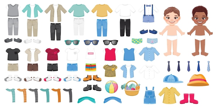 Vetor roupas de menino personagem engraçado com roupas boneca de papel para brincar de crianças construtor da moda jaquetas sazonais casacos camiseta e sapatos vetor