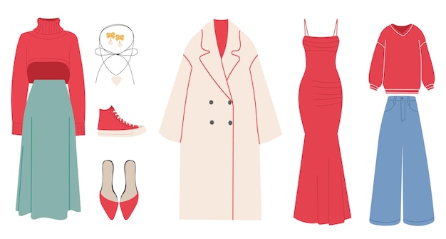 roupas de moda em vetor de estilo plano