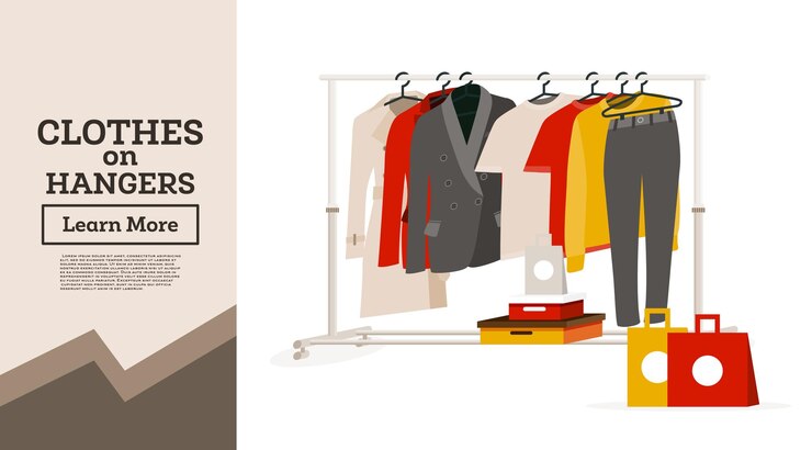 Vetor roupas de mulher penduradas em cabides, caixas de presente e bolsas ao lado