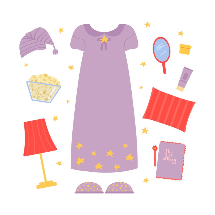 Vetor roupas e acessórios para festa do pijama, isolado no fundo branco. ilustração em vetor plana
