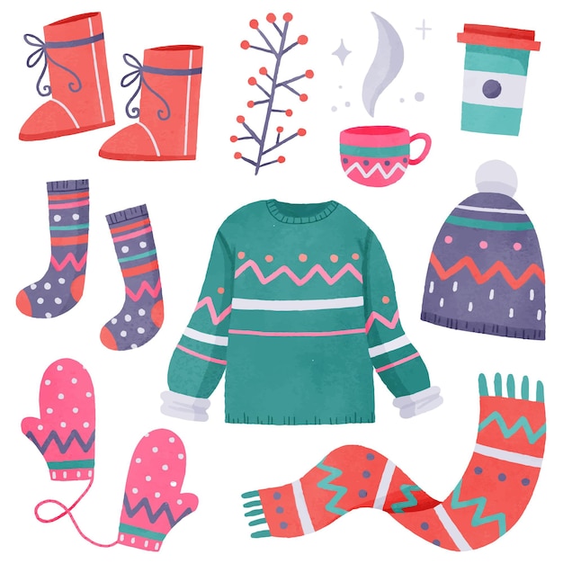 Roupas e itens essenciais de inverno em aquarela