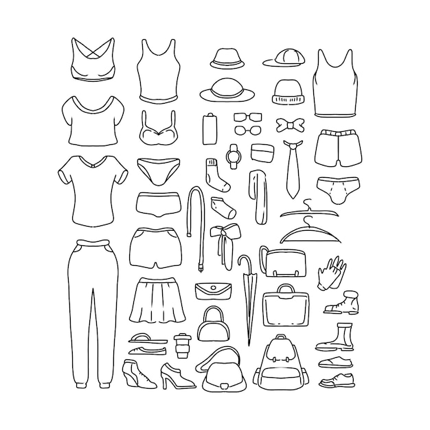 roupas femininas e conjunto de vetores de ilustrações de rabiscos desenhados à mão da moda