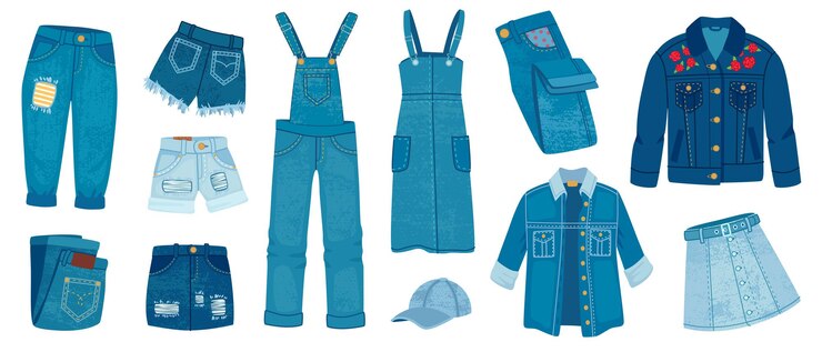Vetor roupas jeans. moda casual jeans rasgado. jaqueta jeans da moda dos desenhos animados, calças e shorts, saias e vestido. modelos de roupa azul, conjunto de vetores. modelo de vestuário moderno de ilustração, jeans de modelo de tecido de desgaste