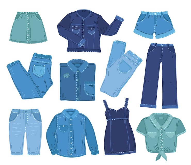 Vetor roupas jeans. roupas da moda jeans, camisa de calça de jaqueta isolada. conjunto geral, coleção de vetores de minissaia de verão em tecido azul