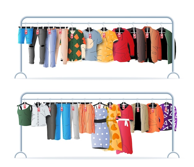 Roupas masculinas e femininas no cabide de loja