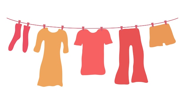 Roupas penduradas em corda de roupa ao ar livre Roupas de secagem Ilustração plana vetorial
