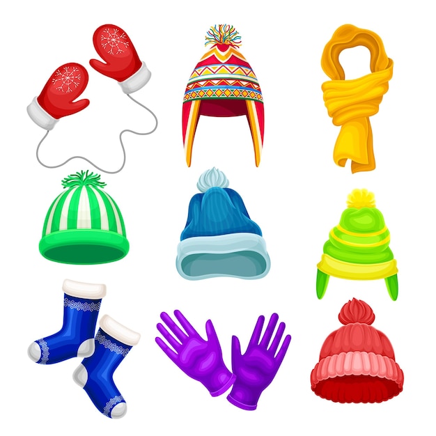 Roupas quentes de inverno com meias de chapéu e lenço vetorial