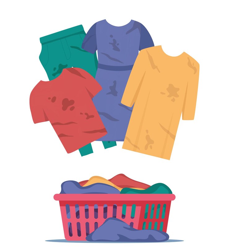 Vetor roupas sujas com manchas pilha de roupas com manchas na cesta diferentes camisetas de algodão