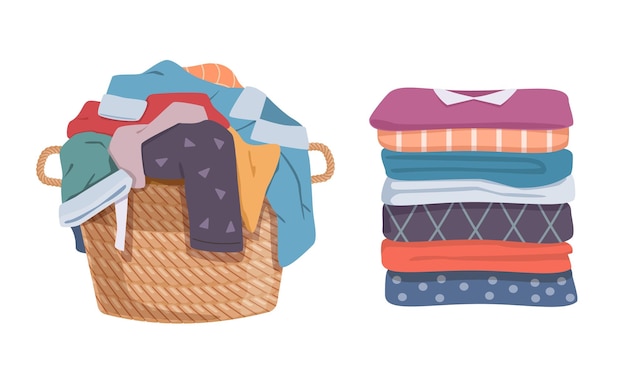 Roupas sujas e limpas Pilha de roupas com manchas na cesta e roupas lavadas empilham toalhas diferentes Pilha suja e fedorenta de tecido algodão camisetas e meias Conjunto isolado de lavanderia vetorial