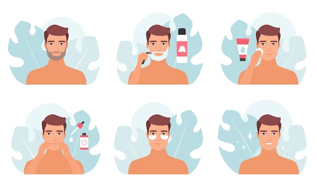 Routine de barbear e cuidados com a pele facial do homem no banheiro, os personagens se barbeam com a navalha