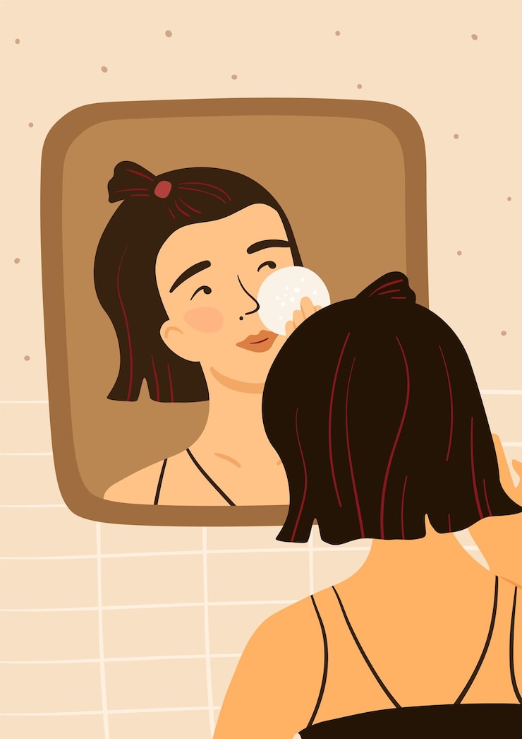 Vetor routine de beleza mulher aplicando loção cosmética com esponja menina olhando para o espelho procedimento de higiene diária de cuidados com a pele reflexão feminina banheiro doméstico mulher vista traseira conceito vetorial