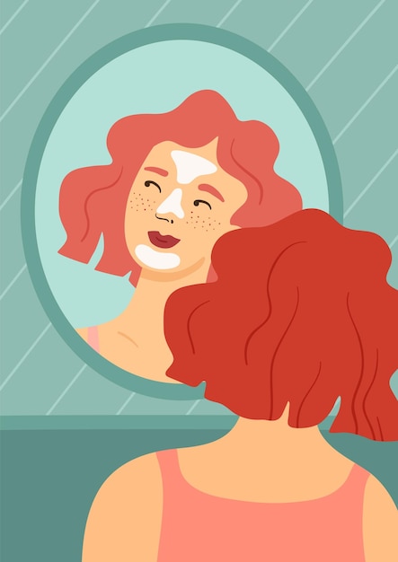 Routine de beleza Mulher aplicando máscara facial Menina olhando para o espelho Procedimento de higiene diária de cuidados com a pele Reflexão feminina Banheiro doméstico Mulher de vista traseira Creme cosmético Conceito vetorial