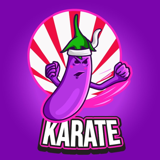 Roxo berinjela karate mascote logotipo charcter ilustração vetorial