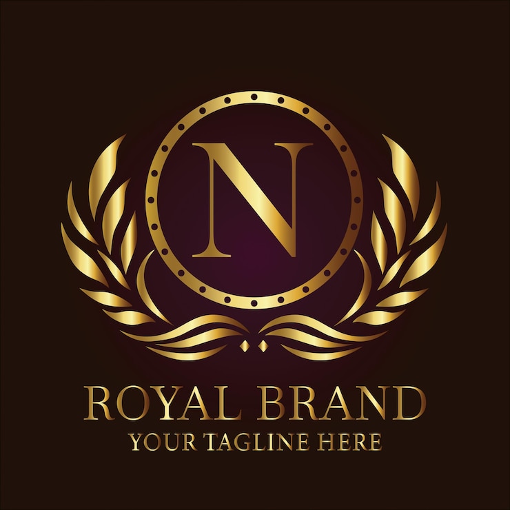 Vetor royal brand luxurious n gold logo design com quadro circular e coroa de louro em fundo elegante