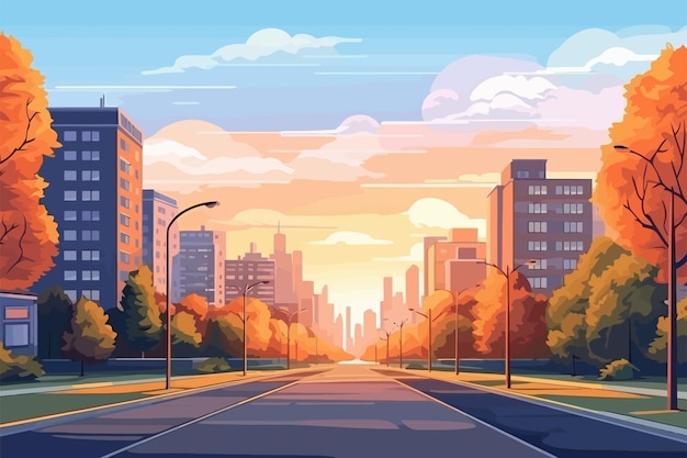 Rua da cidade ao pôr do sol na ilustração vetor panorama da cidade de verão