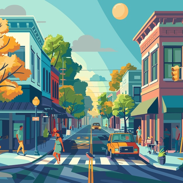 Rua da cidade de desenho animado com carros e pedestres Ilustração vetorial em estilo plano