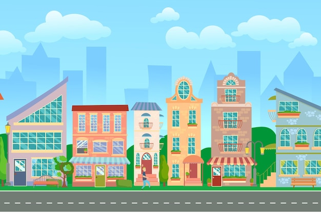 Rua da cidade Paisagem urbana panorâmica com casas brilhantes andando pedestres Loja e lojas Ilustração vetorial da cidade de verão em estilo cartoon