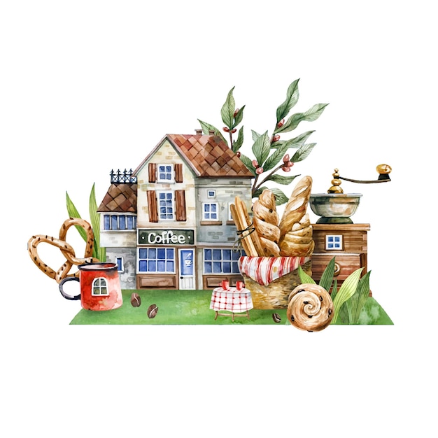Vetor rua rural com casas antigas ervas secas decoração de jardim e abóboras ilustração a aquarela