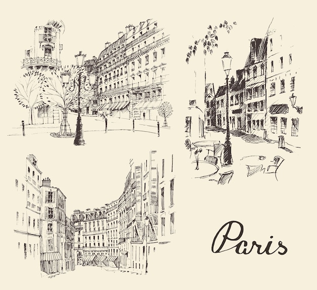 Ruas em paris, frança, ilustração gravada vintage, desenhada à mão