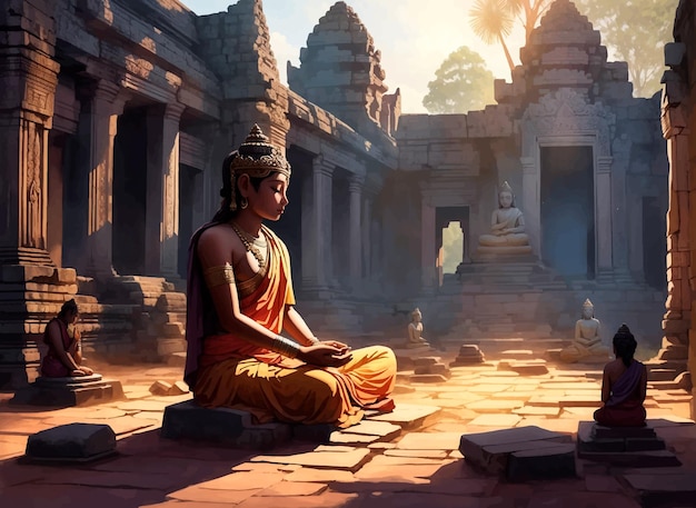 Ruínas antigas da majestosa espiritualidade de angkor rezando ilustração