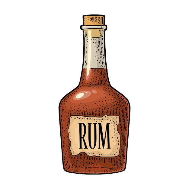 Rum de garrafa com rótulo de artesanato Ilustração de gravura preta de vetor vintage Isolado no fundo branco Elemento de design desenhado à mão para convite de web de cartaz de rótulo para festa