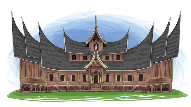 Vetor rumah gadang sumatra ocidental indonésia casa tradicional ilustração desenhada à mão de desenho animado