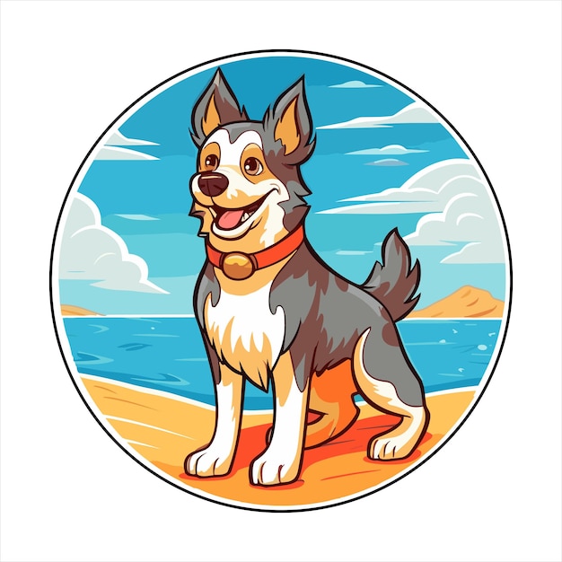 Russo raça de cão laika europeu desenho animado kawaii personagem praia verão animal de estimação adesivo ilustração