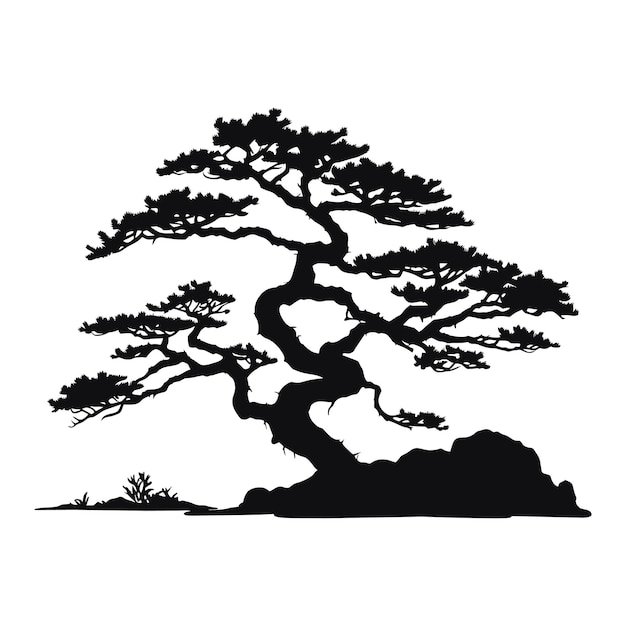 Árvore de bonsai japonesa Ícone de árvore de logotipo preto Ilustração em vetor de silhueta de bonsai