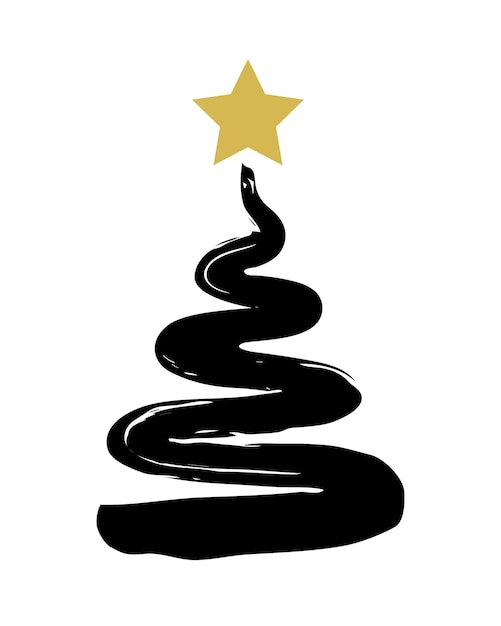 Árvore de Natal desenhada à mão com estrela, pintada à mão com pincel de tinta. Ilustração vetorial