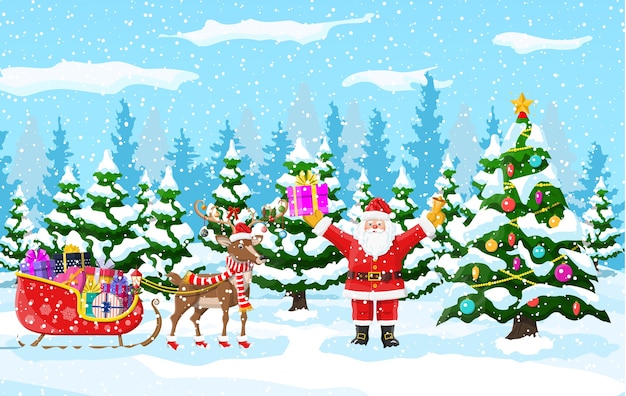 Árvore de Natal, Papai Noel com renas e trenó. Paisagem do inverno com floresta de abetos e nevando. Comemoração de feliz ano novo. Feriado de Natal de ano novo.