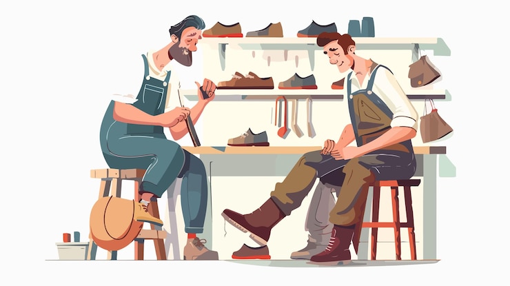 Vetor sabateiro e cliente personagens masculinos usando sapatos