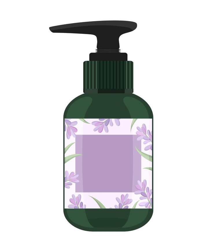Vetor sabonete líquido para as mãos em recipiente verde aroma de lavanda ícone de produto plano cosmético vector textura