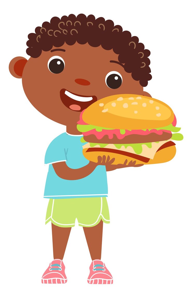 Vetor saboroso fast food para crianças menino sorridente com hambúrguer