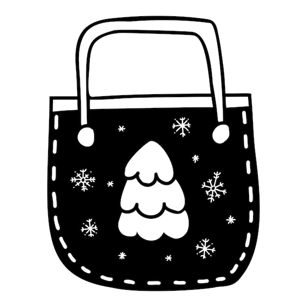 Saco com árvore de natal em estilo doodle para decoração e impressão de design de decoração de férias