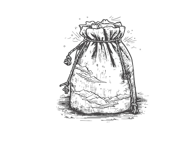 Saco com farinha em preto e branco Um esboço desenhado à mão destacado em uma ilustração vetorial de fundo branco