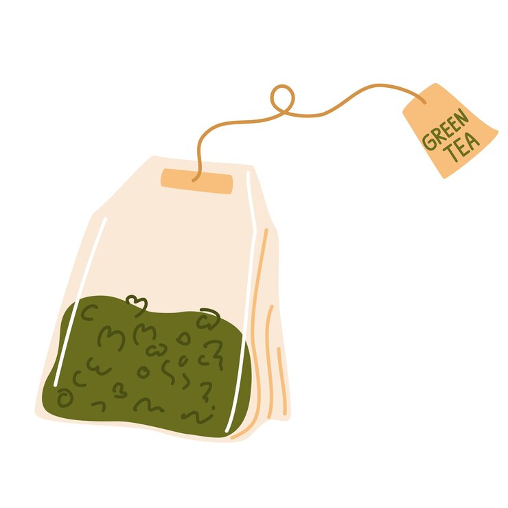 Vetor saco de chá chá verde em um saco comida e bebida saudáveis vetor mão desenhar ícone plano de ilustração isolado no branco