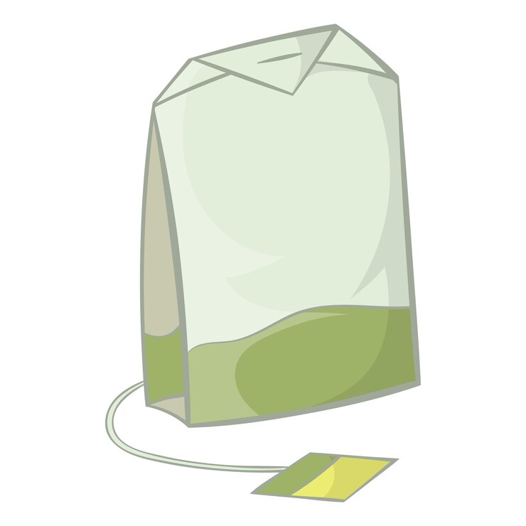 Vetor saco de chá com ícone de chá verde em estilo de desenho animado sobre um fundo branco