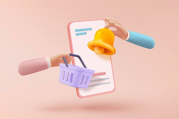 Vetor saco de compras 3d com ícone de sino e conceito on-line de notificação de bolha push alerta de cesta para promoção de desconto saco de compras para compra e venda ícone de vetor de alarme de sino 3d render ilustração