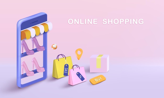 Saco de compras com caixa e sapatos para compras online