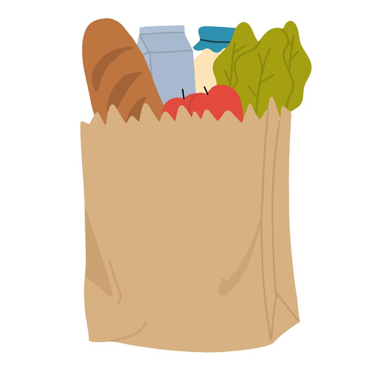 Vetor saco de compras com ilustração de frutas e legumes de pão de produtos de mercearia