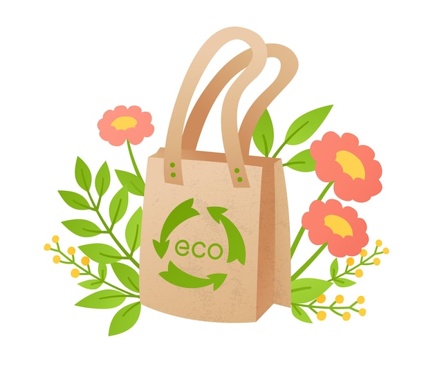 Vetor saco de compras de tecido ecológico zero desperdício reutilizável reciclar algodão saco de compras ecologia proteção estilo de vida