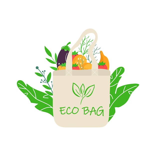 Saco de compras ecológico com frutas vegetais e bebidas saudáveis alimentos lácteos em rede de compras ecologicamente correta e reutilizável conceito sem desperdício de plástico sem desperdício design moderno plano