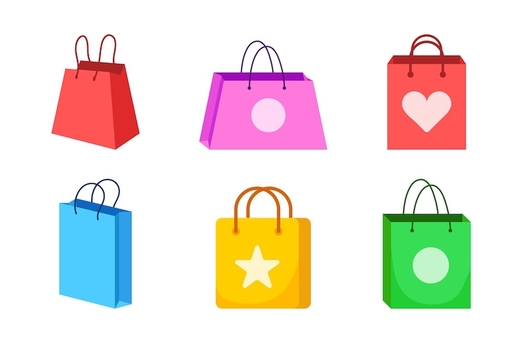 Vetor saco de compras vermelho saco de compras rosa com padrão de círculos saco de compras vermelho com padrões de coração azul