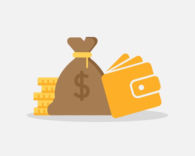 Saco de dinheiro ao lado de moedas e carteira em um fundo branco. Economia financeira. Vetor EPS 10